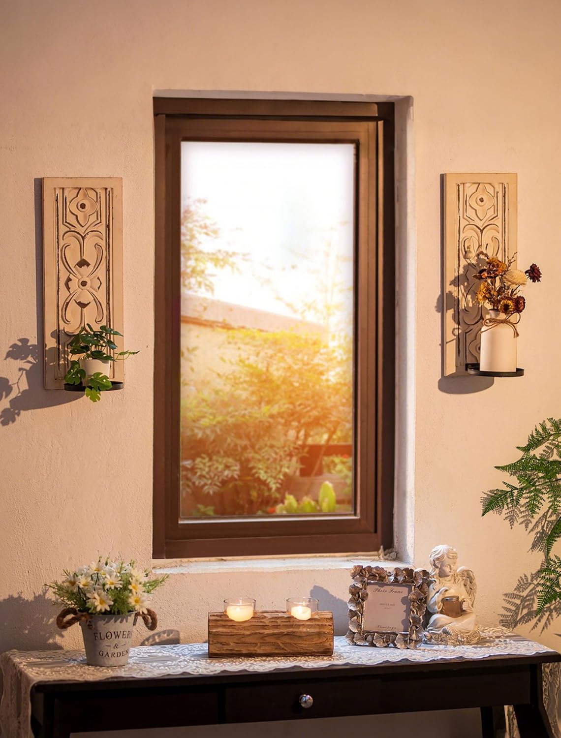 Farmhouse Wood Candle Sconces Wall Decor - Set of 2 Walasis Rustic Wall Candle Holder Decorative Carved Brown Candle Sconce Farmhouse Art Distressed Pillar Candles Holder for Fireplace Decor