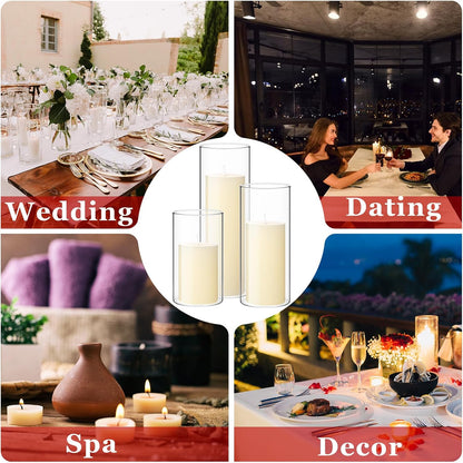 Shihanee 36 Pcs Pillar Candles and Glass Cylinder Vases Tall Cylinder Holders for Pillar Candles Wedding Centerpieces, Total 18 Sets(2.6'' X 4.7'', 5.9'', 7.9'',Clear,Ivory)