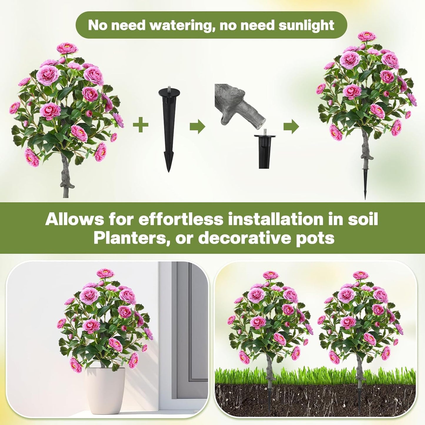 Lunmon 2 Pack 3ft Artificial Camellia Plants Tree 36" Faux Camellia Flower with Spike UV Resistant Realistic Fake Floral Blooming Bush for Indoor Outdoor Front Door Porch Backyard Garden, Purple