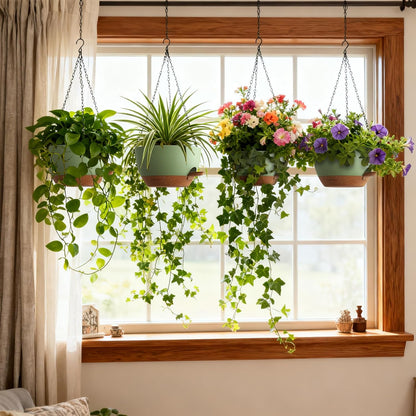 UOUZ Set of 3-10 Inch Self Watering Hanging Planters for Indoor Outdoor，Hanging Plant Pots with Drainage & Removable Tray, Hanging Pots Holder for Ivy, Pothos, Ferns, Balcony & Patio, Black with Brown
