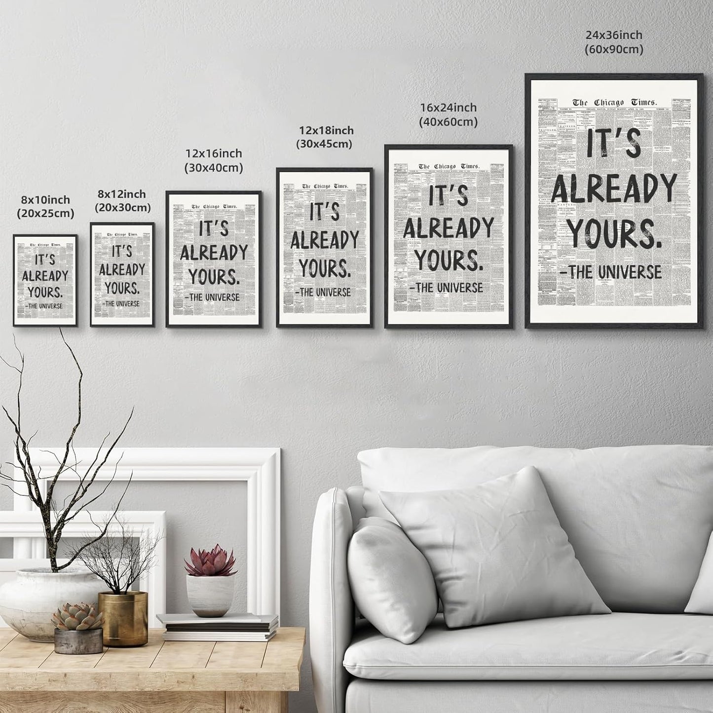 Framed Black And White Retro Newspaper Wall Art ItS Already Yours Universe Quote Poster Trendy Positive Inspirational Wall Decor for Bedroom Office Apartment Dorm Affirmation Canvas Print 8x12inch