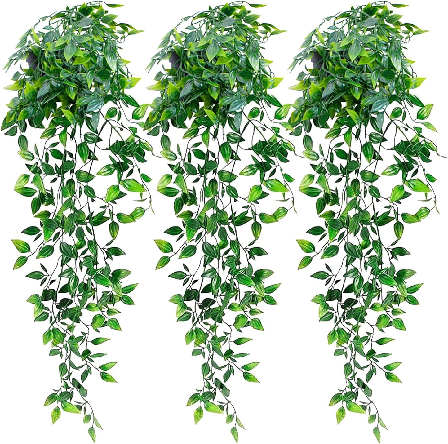 LOYWREE Fake Plants Indoor Artificial String of Pearls Plant in Black Pots, Realistic Green Faux Succulent Hanging Plants for Shelf Decor Desk Home Garden Decorations