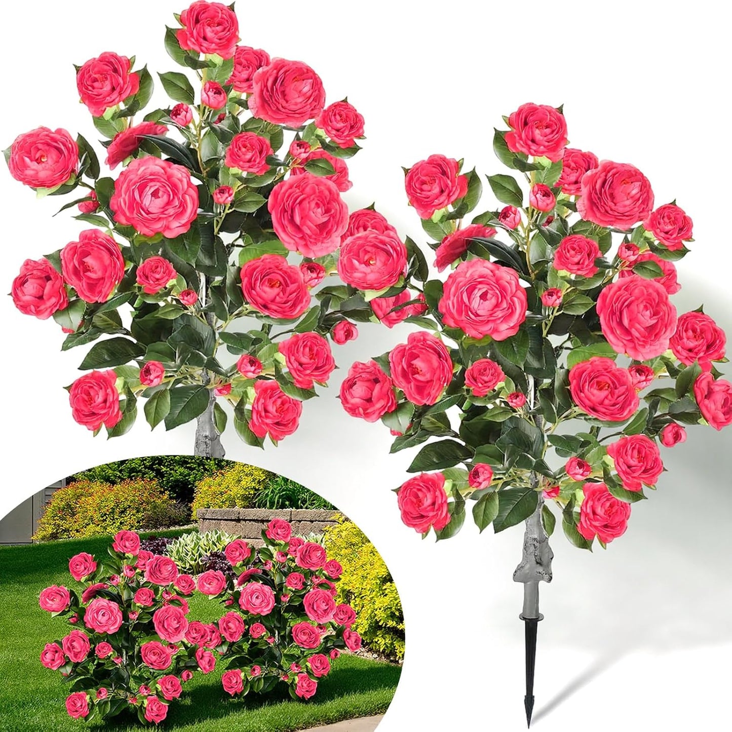 Lunmon 2 Pack 3ft Artificial Camellia Plants Tree 36" Faux Camellia Flower with Spike UV Resistant Realistic Fake Floral Blooming Bush for Indoor Outdoor Front Door Porch Backyard Garden, Purple