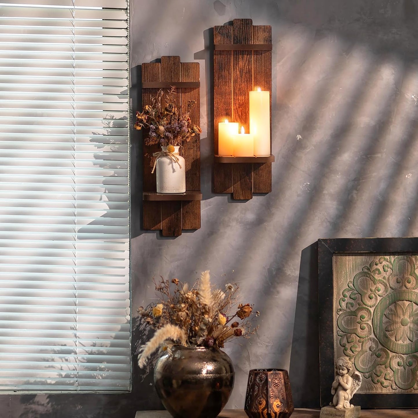 Candle Sconces Black Wall Decor Set of 2 - Wood Wall Candle Holders Set of Two for Small Plants Pillar Candles Tealight - Gothic Distressed Decor for Living Room