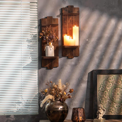 Candle Sconces Black Wall Decor Set of 2 - Wood Wall Candle Holders Set of Two for Small Plants Pillar Candles Tealight - Gothic Distressed Decor for Living Room