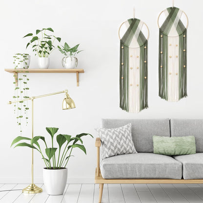 LB Boho Macrame Wall Hanging - Green and Beige Handmade Cotton Woven Decor, Modern Geometric Bohemian Tapestry Wall Decor for Bedroom Living Room Home (31.5"x9.84") Nature-Inspired Room Decor