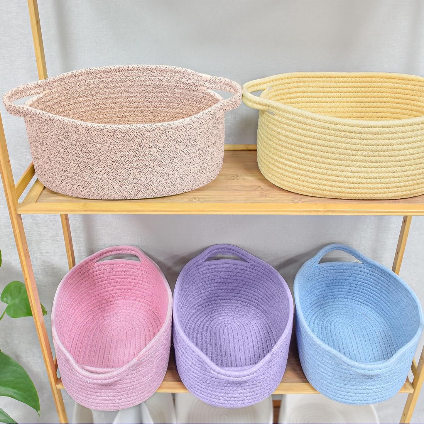 ABenkle Small Basket with Handles, Boho Decorative Rope Woven Dog Cat Toy Storage Bin Shelf Storage Organizer, Easter Christmas Gift Basket, 12"x8"x5", White