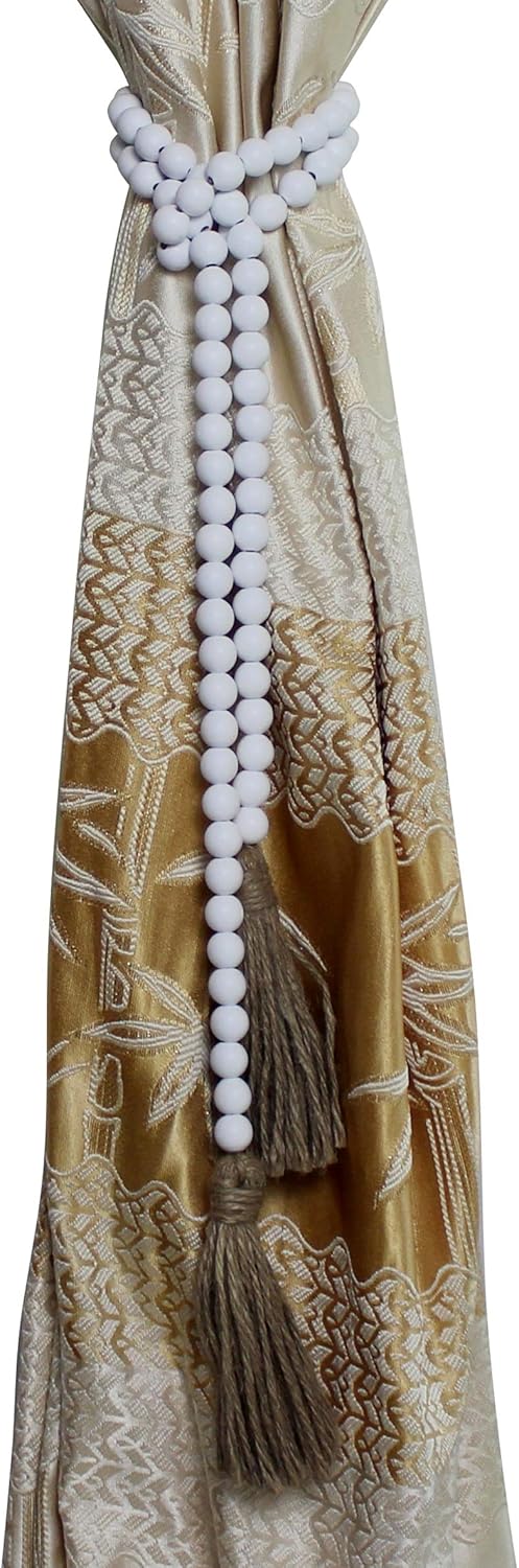 CVHOMEDECO. Wood Beads Garland with Tassels Farmhouse Rustic Wooden Prayer Bead String Wall Hanging Accent for Home Festival Decor. Mix Distressed