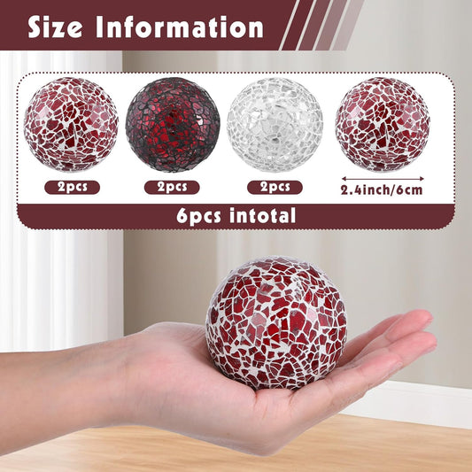 6 Pcs Decorative Glass Balls, 2.5 Inch Mosaic Orbs for Centerpieces, Mixed Color Table Spheres for Home Decor, Vase Fillers, and Wedding Bowl Decorations
