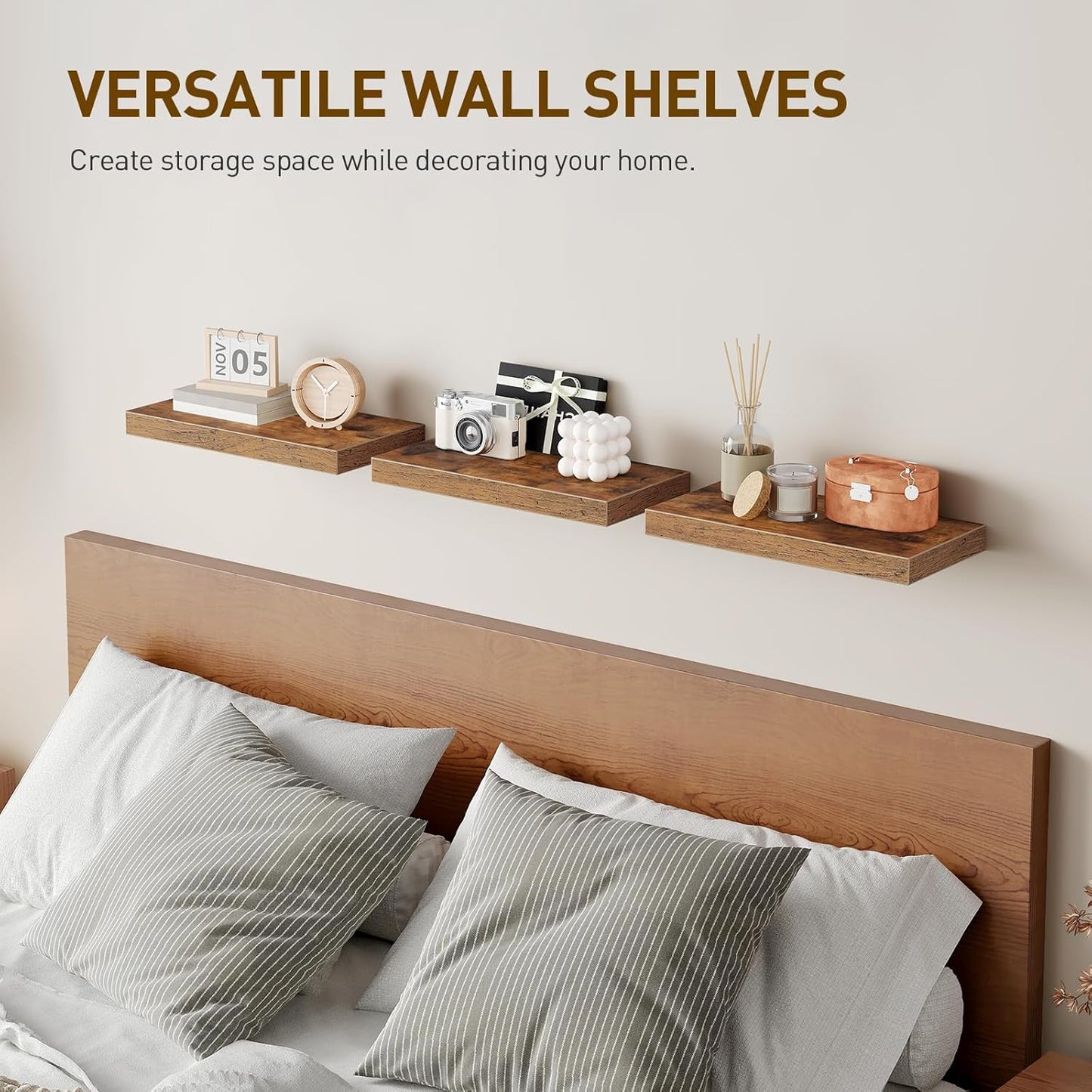 RALGEND Floating Shelves for Wall, 1.5" Thick Wall Shelf Set of 3 with Invisible Brackets, L31.5 x W7.9 Hanging Shelves Farmhouse Home Decor for Bathroom, Living Room, Bedroom, Rustic Brown 8301BJP3BF