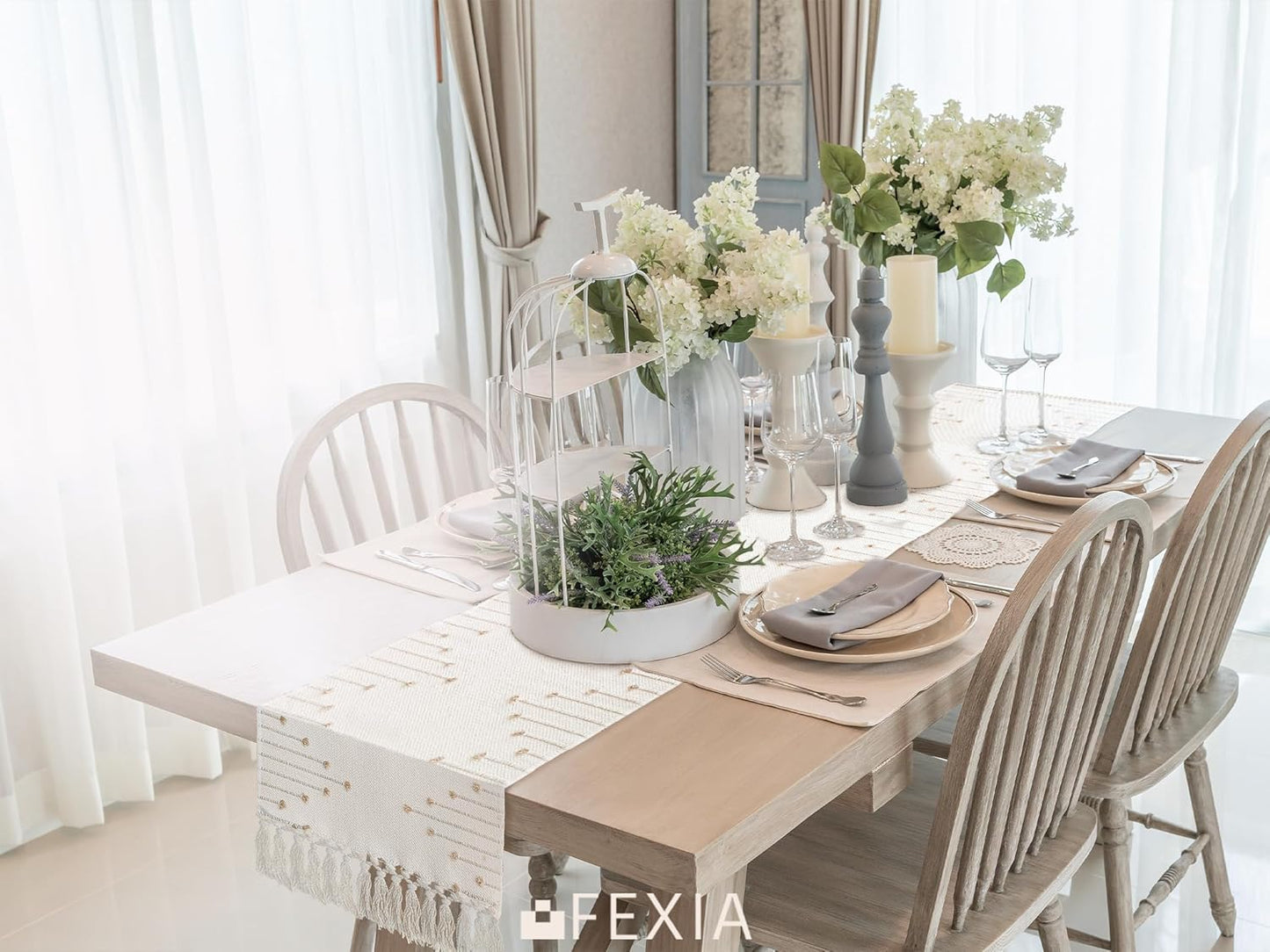 FEXIA Boho Table Runner for Thanksgiving Fall Christmas Home Decor with Tassels 72 Inches Long Pottery barn Furniture Farmhouse Rustic Macrame Burlap Table Decoration for Living Room (12x72 Inches)