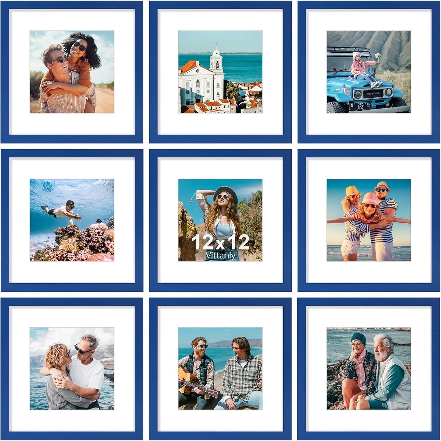 Vittanly 8x10 Picture Frames Set of 9, Shatter Resistant Plexiglass, Display 5x7 Pictures with Mat or 8x10 without Mat, Photo Frames for Wall or Tabletop, Engineered Wood, Black - Colors B
