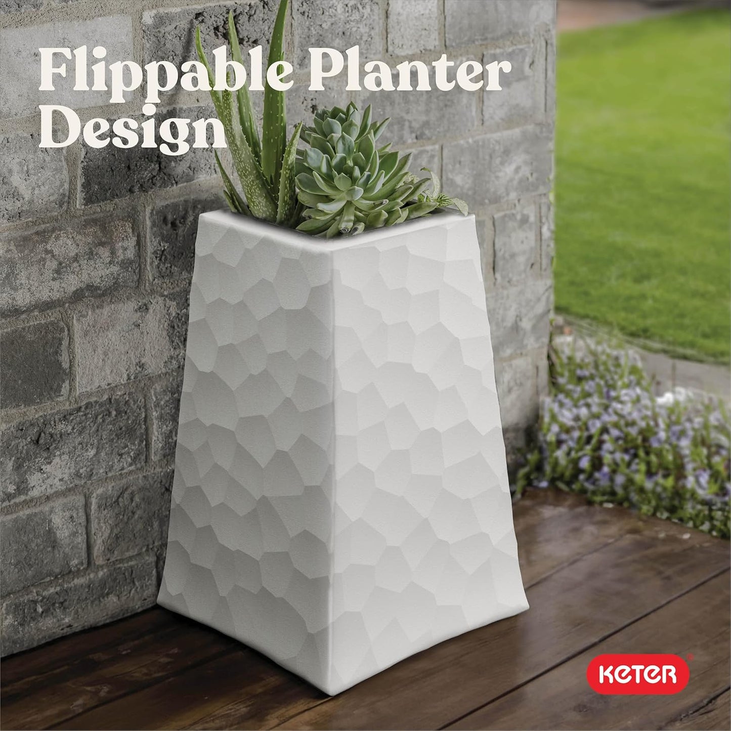 Keter Set of 2 Resin Modern Outdoor 22 Inch Tall Large Flower Pots, Tapered Wood Look Planters for Outdoor Plants and Front Porch Decor, Graphite