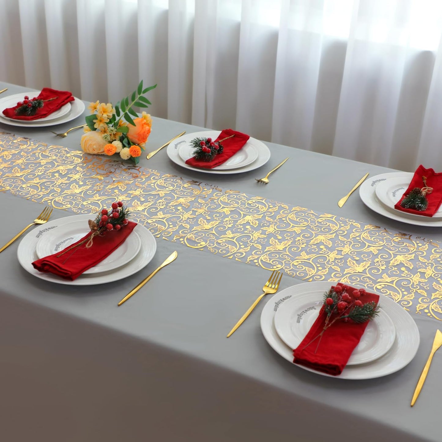 Snowkingdom 2 Pieces Gold Table Runner, Sequin Glitter Foil Metallic Thin Mesh Runner Roll 11"x108", Gold Table Decorations for Event Party, Wedding, Birthday Party, Christmas