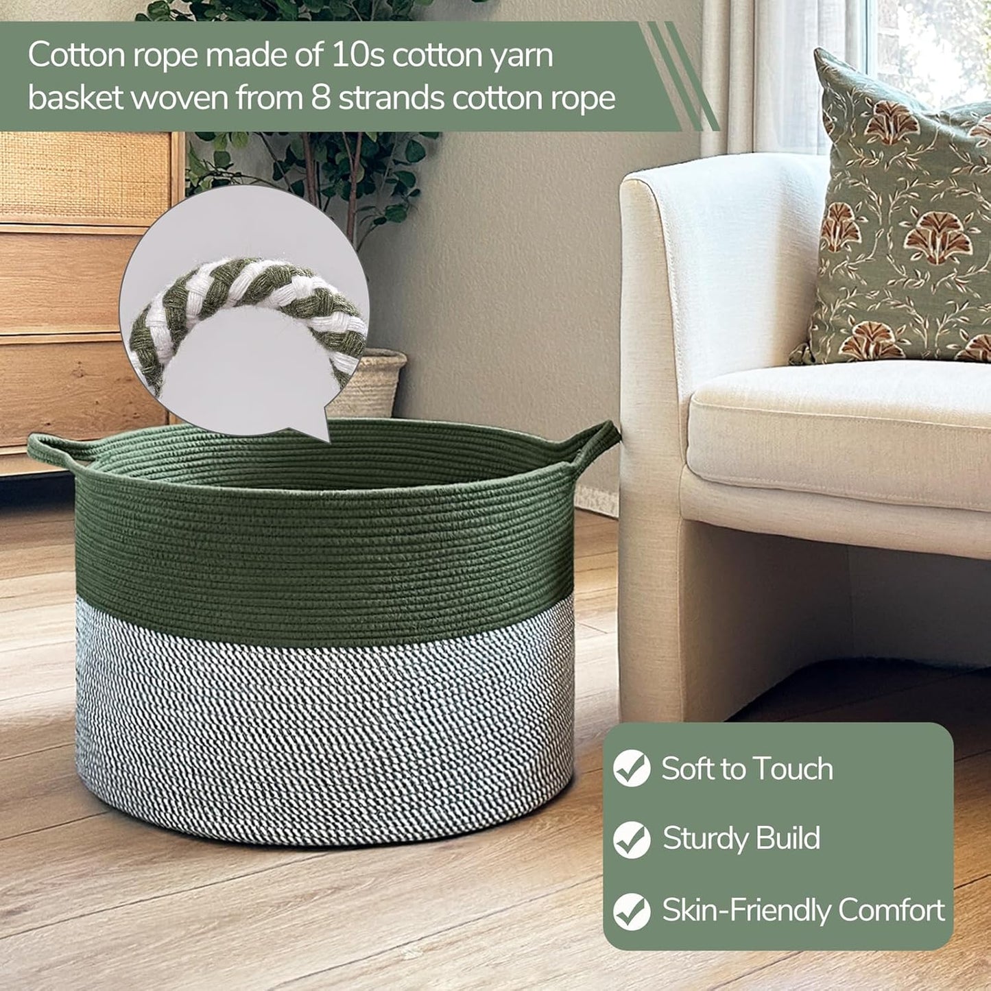 INDRESSME XXXLarge Blanket Basket for Living Room 21.7" x 21.7" x 13.8"-Storage Basket with Handle for Organizing Toy Pillows Woven Cotton Rope Laundry Basket Stuffed Animal Toy Storage for Play Room