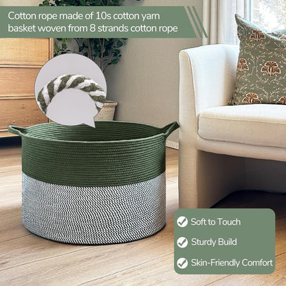 INDRESSME XXXLarge Blanket Basket for Living Room 21.7" x 21.7" x 13.8"-Storage Basket with Handle for Organizing Toy Pillows Woven Cotton Rope Laundry Basket Stuffed Animal Toy Storage for Play Room