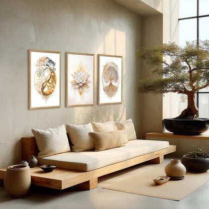 GELDSTEI Calm Zen Botanical Canvas Wall Art, White Lotus Blooming on Stones in Water Aesthetic Pictures, Yoga Spa Meditation Room Decor, Modern Spiritual Poster Prints for Zen Office Framed Set of 3, Each 12x16 Inch
