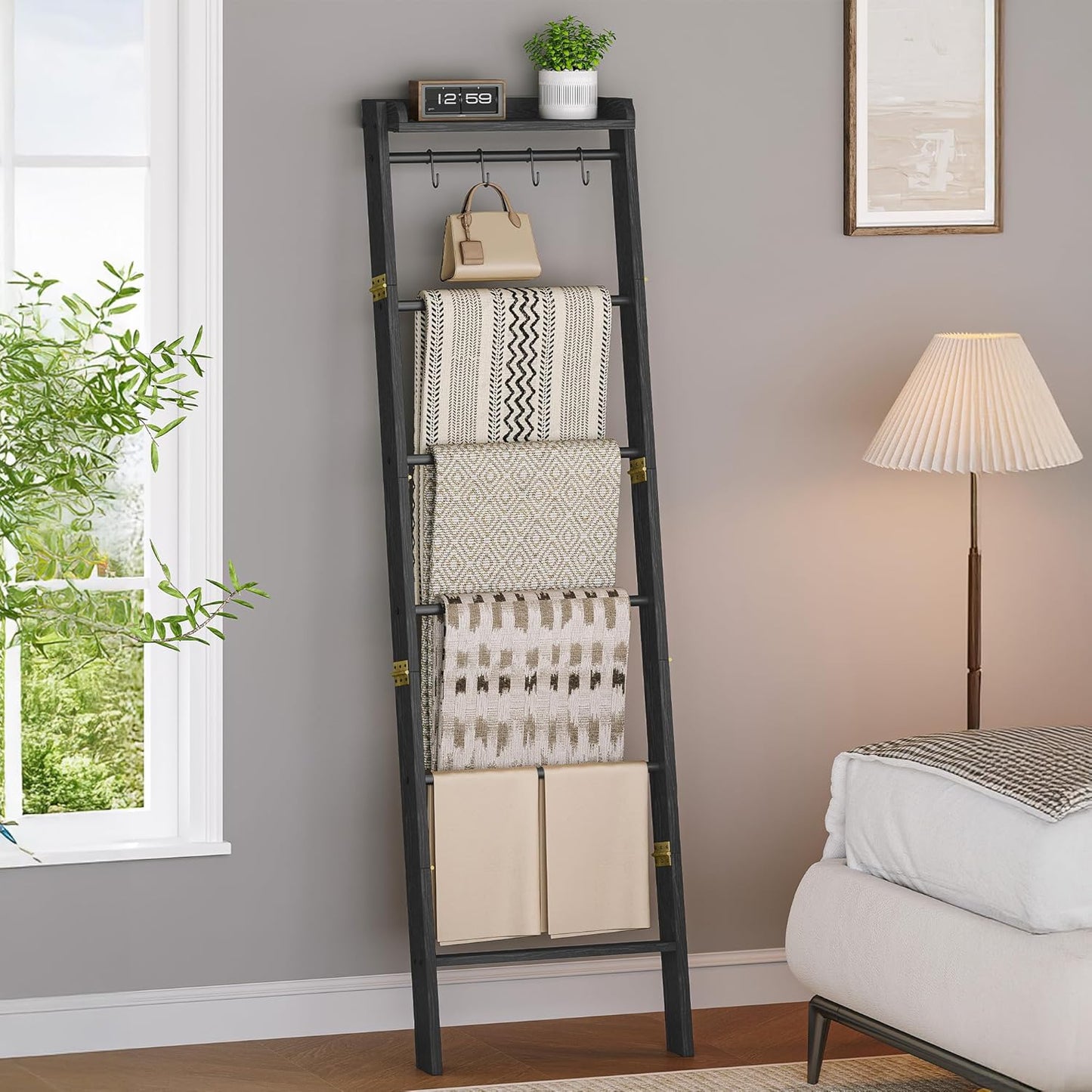 Hzuaneri Blanket Ladder Shelf, Decorative Quilt Rack, 6-Tier Farmhouse Ladder Holder Organizer with 4 Removable Hooks 7.9" D x 17.3" W x 63.4" H, Rustic Brown BR35801B
