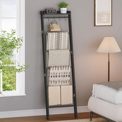 Hzuaneri Blanket Ladder Shelf, Decorative Quilt Rack, 6-Tier Farmhouse Ladder Holder Organizer with 4 Removable Hooks 7.9" D x 17.3" W x 63.4" H, Rustic Brown BR35801B