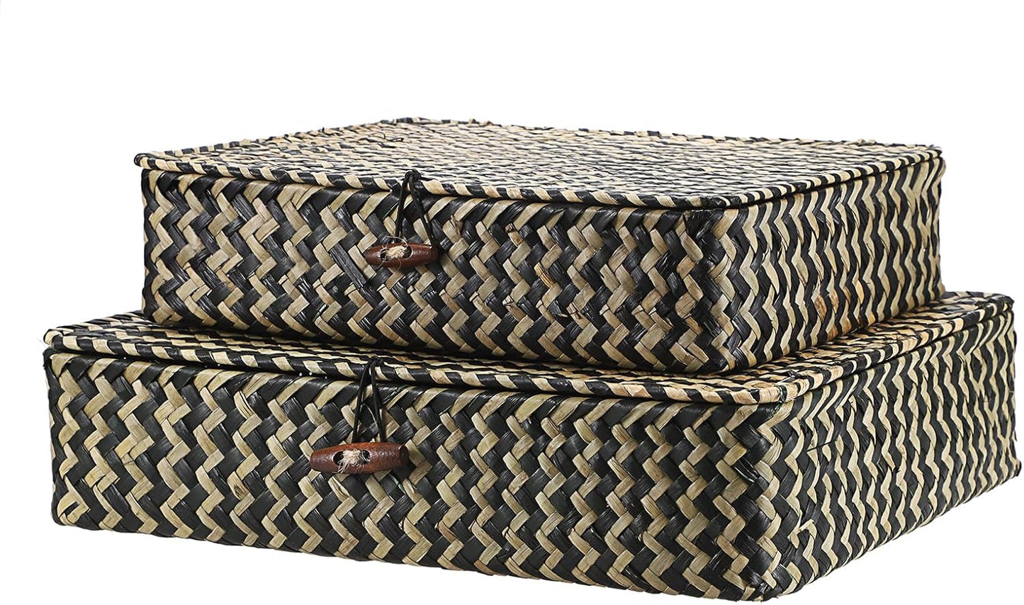 Hipiwe Set of 2 Flat Woven Wicker Storage Bins with Lid Natural Seagrass Basket Multipurpose Home Boxes for Shelf Organizer (Coffee)