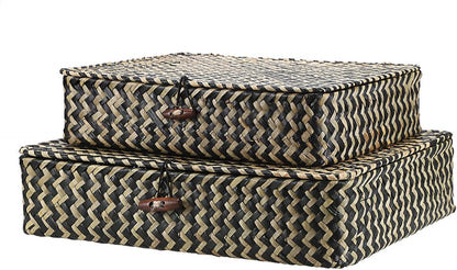Hipiwe Set of 2 Flat Woven Wicker Storage Bins with Lid Natural Seagrass Basket Multipurpose Home Boxes for Shelf Organizer (Coffee)