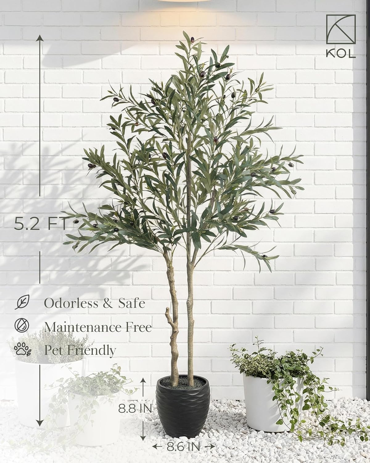 KOL 5.2ft Artificial Olive Tree Indoor, Tall Faux Olive Trees, Fake Olive Tree Floor Plant for Home Office Living Room Decor with Matte Black Pot