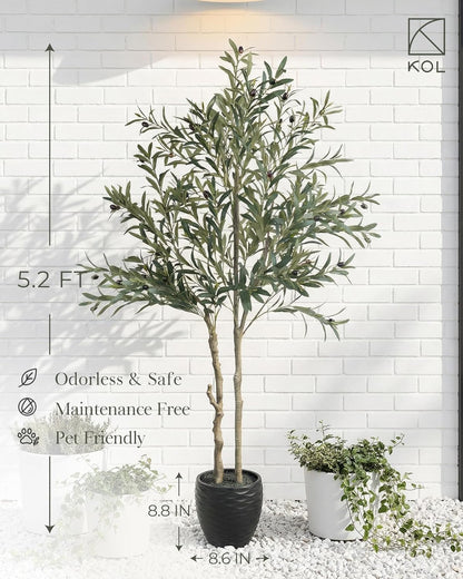 KOL 5.2ft Artificial Olive Tree Indoor, Tall Faux Olive Trees, Fake Olive Tree Floor Plant for Home Office Living Room Decor with Matte Black Pot