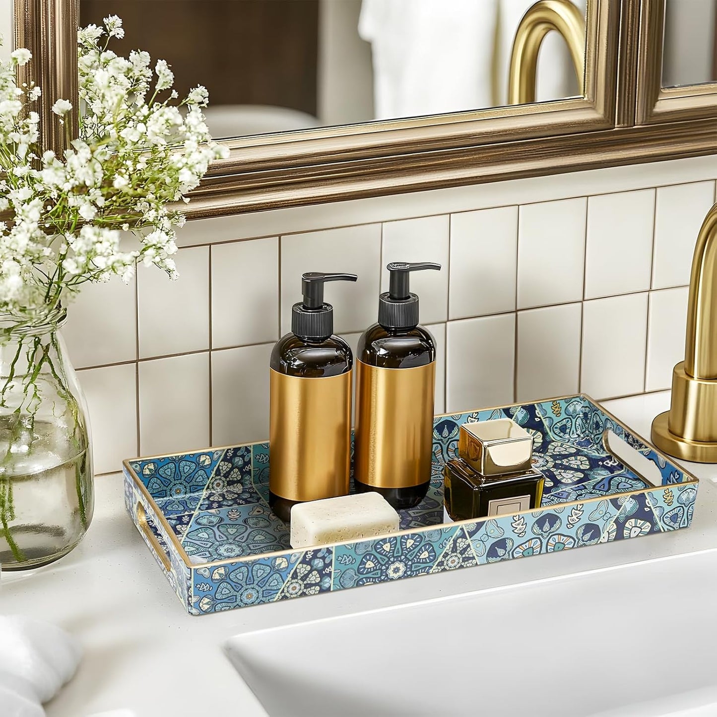 MAONAME White Decorative Tray, Plastic Serving Tray with Handles, Rectangular Moroccan Trays, Long Narrow Trays for Bathroom, Kitchen Counter, 13.8" X 6" X 1.57"