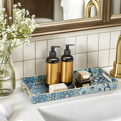 MAONAME White Decorative Tray, Plastic Serving Tray with Handles, Rectangular Moroccan Trays, Long Narrow Trays for Bathroom, Kitchen Counter, 13.8" X 6" X 1.57"
