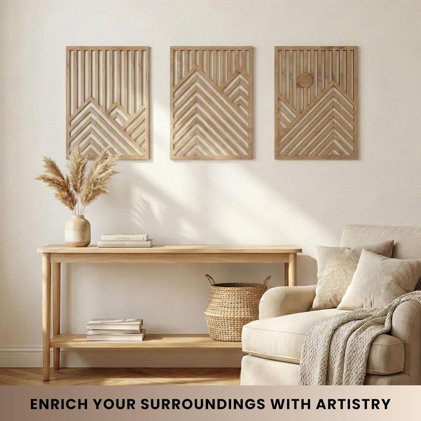 qmmp Modern Wooden Wall Sculptures - Set of 3 - Home Decor Accent - Large Wall Art for Living Room, Bedroom, Office - Easy Installation (Oak, Medium - Mountain and Sun)
