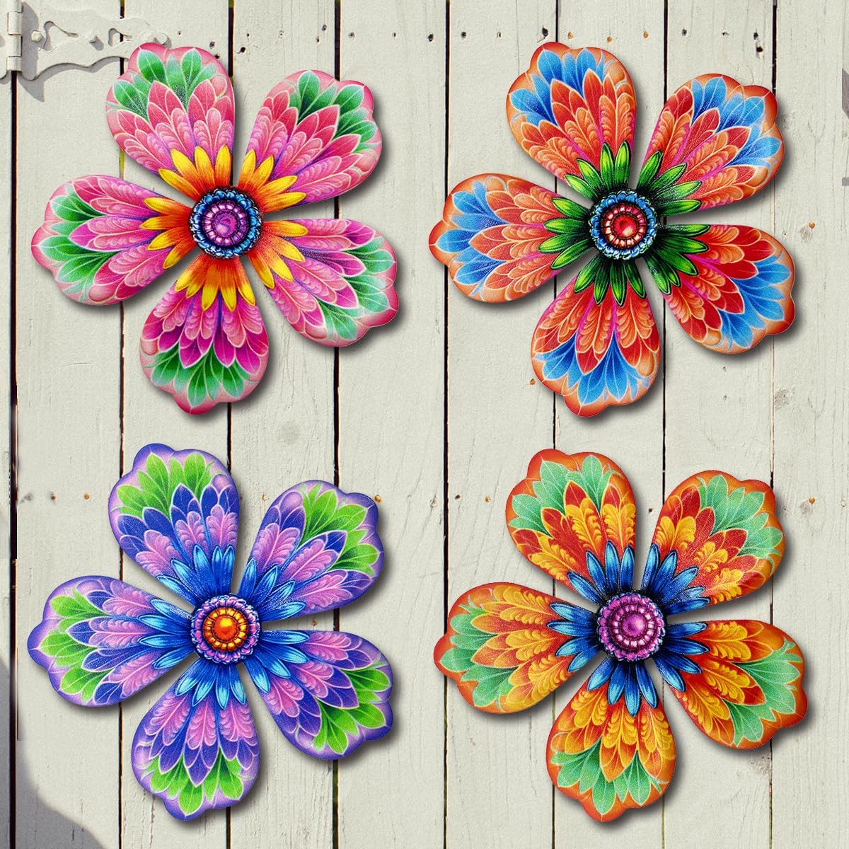 Giyyomtr Metal Flowers Wall Decor - 4pcs 6.2'' Metal Wall Art Hanging Decorations for Outdoor Fence Garden Yard Patio Exterior Wall Decor