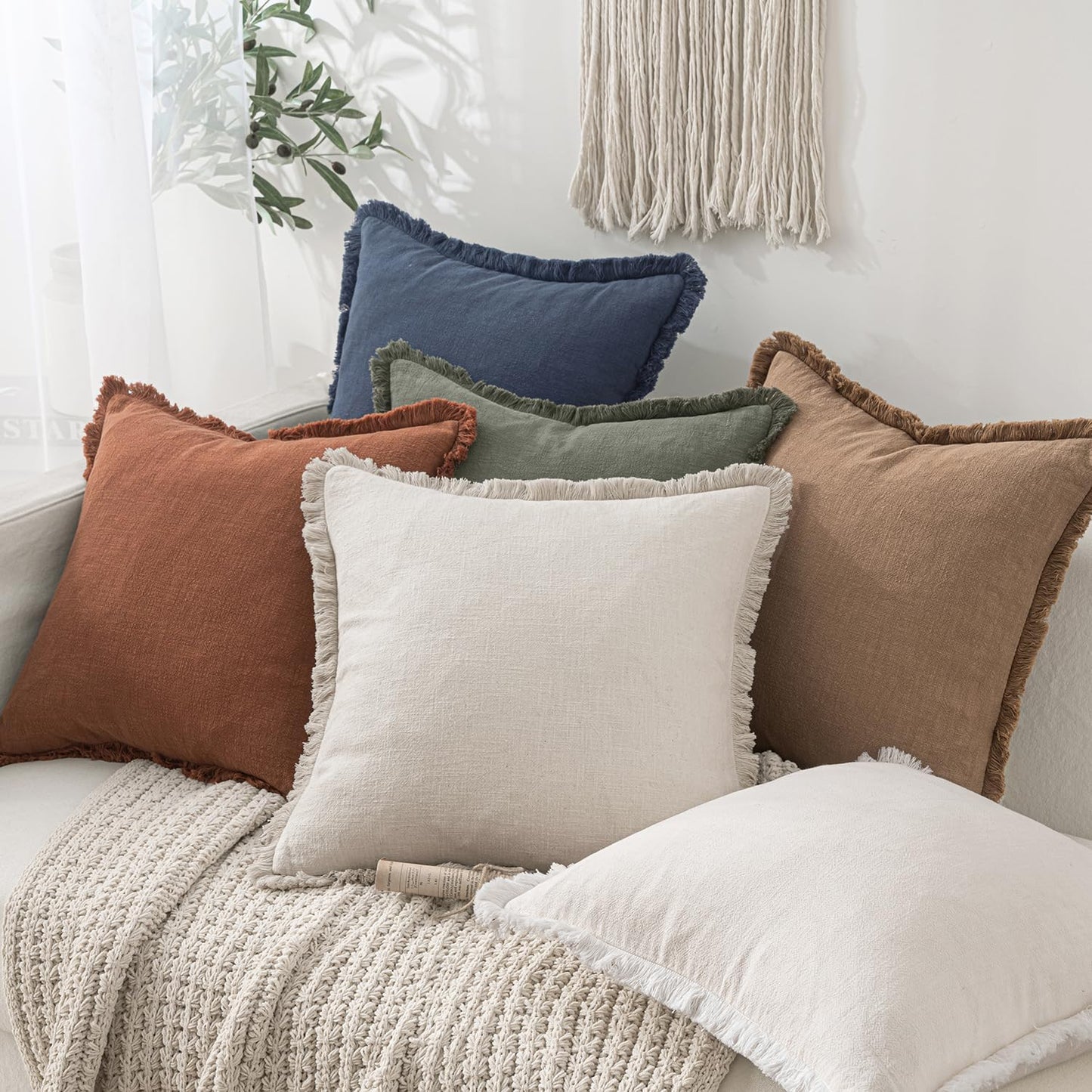 MIULEE Decorative Throw Pillow Covers Neutral Linen Fringe Throw Pillows Set of 2 Natural Beige Boho Farmhouse Cushion Covers with Tassels for Couch Sofa Bed Spring Home Decor 20x20 Inch