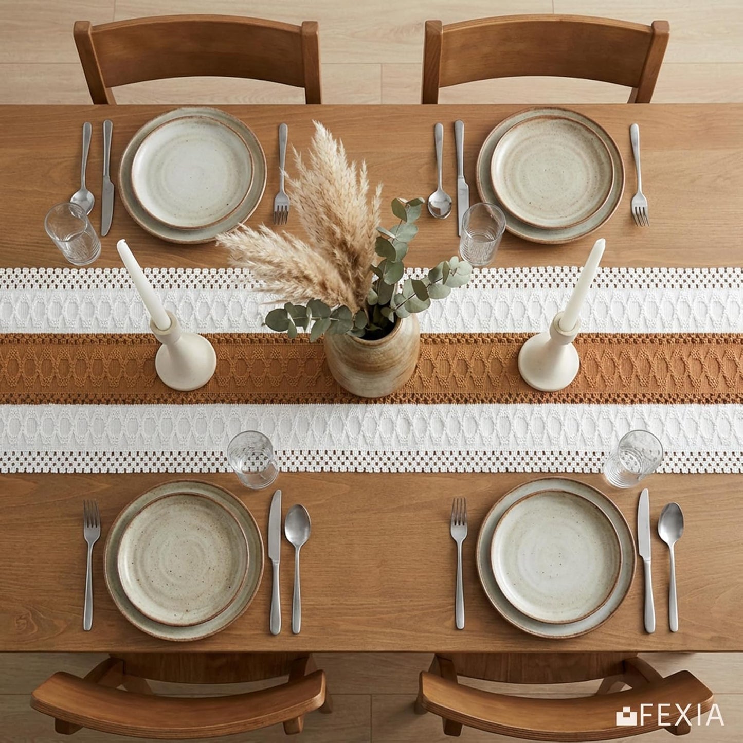 FEXIA Boho Table Runner for Thanksgiving Fall Christmas Home Decor with Tassels 72 Inches Long Pottery barn Furniture Farmhouse Rustic Macrame Burlap Table Decoration for Living Room (12x72 Inches)