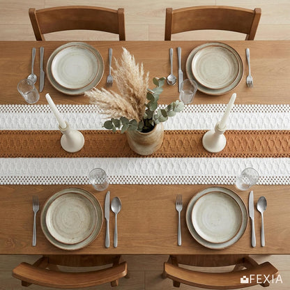 FEXIA Boho Table Runner for Thanksgiving Fall Christmas Home Decor with Tassels 72 Inches Long Pottery barn Furniture Farmhouse Rustic Macrame Burlap Table Decoration for Living Room (12x72 Inches)