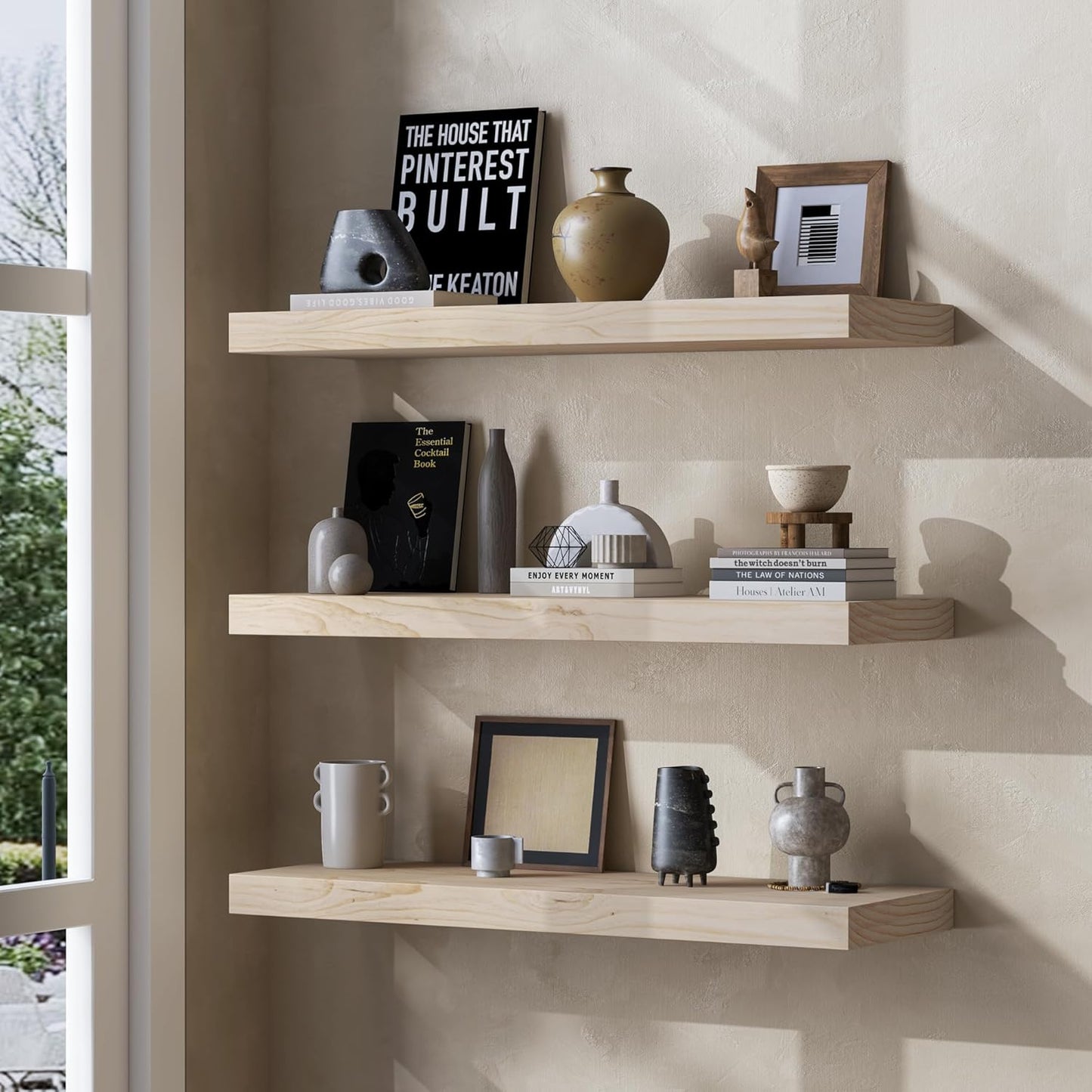 Floating Shelves 36 Inches Long - 8 Inch Deep Rustic Premium Solid Pine Wood for Storage - Farmhouse Wall Mounted for Living Room - Heavy-Duty Metal Bracket - 36" W x 8" D - Set of 2 - White Color