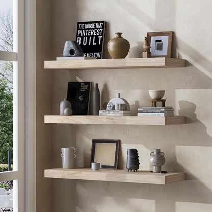 Floating Shelves 36 Inches Long - 8 Inch Deep Rustic Premium Solid Pine Wood for Storage - Farmhouse Wall Mounted for Living Room - Heavy-Duty Metal Bracket - 36" W x 8" D - Set of 2 - White Color