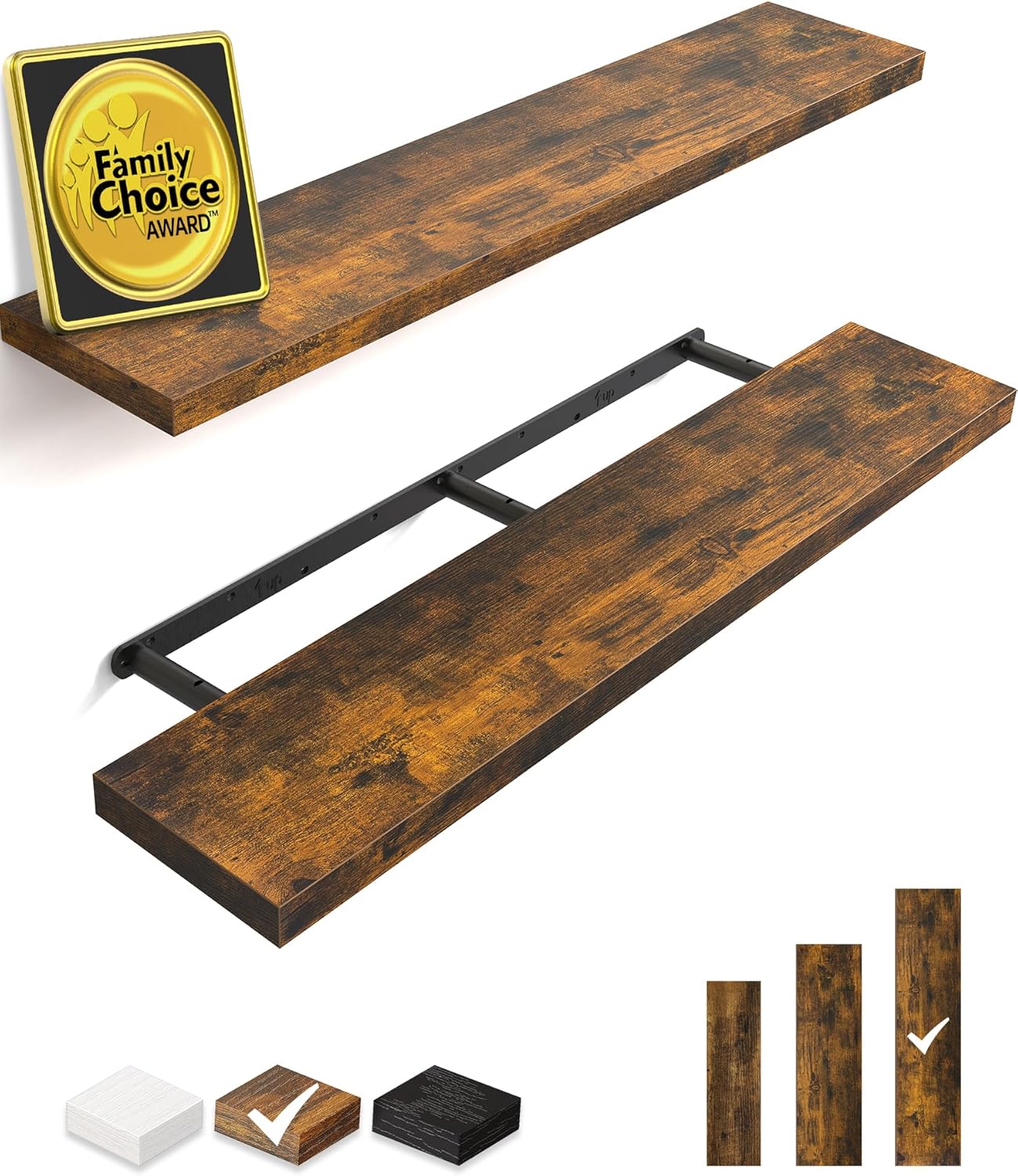BAYKA Floating Shelves for Wall, Set of 3, Wall Mounted Rustic Wood Shelves for Bathroom, Bedroom, Living Room, Kitchen, Small Hanging Shelf for Books/Storage/Room Decor, Walnut-Like, 15.7in