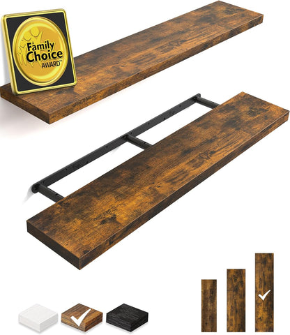 BAYKA Floating Shelves for Wall, Set of 3, Wall Mounted Rustic Wood Shelves for Bathroom, Bedroom, Living Room, Kitchen, Small Hanging Shelf for Books/Storage/Room Decor, Walnut-Like, 15.7in