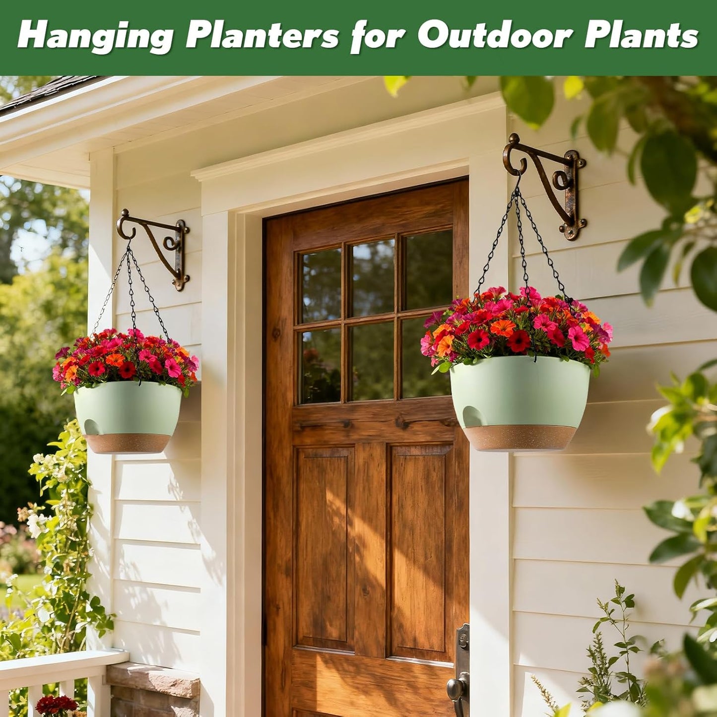 3-Piece Set of 10-Inch Hanging Planters with Automatic Watering System and Drip Tray, Includes Metal Chain, Suitable for Various Indoor and Outdoor Plants and Flowers, Green Brown