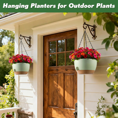 3-Piece Set of 10-Inch Hanging Planters with Automatic Watering System and Drip Tray, Includes Metal Chain, Suitable for Various Indoor and Outdoor Plants and Flowers, Green Brown