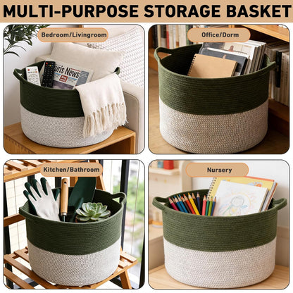 Large Woven Blanket Basket,65L Cotton Rope Laundry Basket Hamper with Handles, Decorative Nursery Basket Storage Bin for Toys, Clothes Organizer, Living Room, Bedroom, Bathroom, White & Brown
