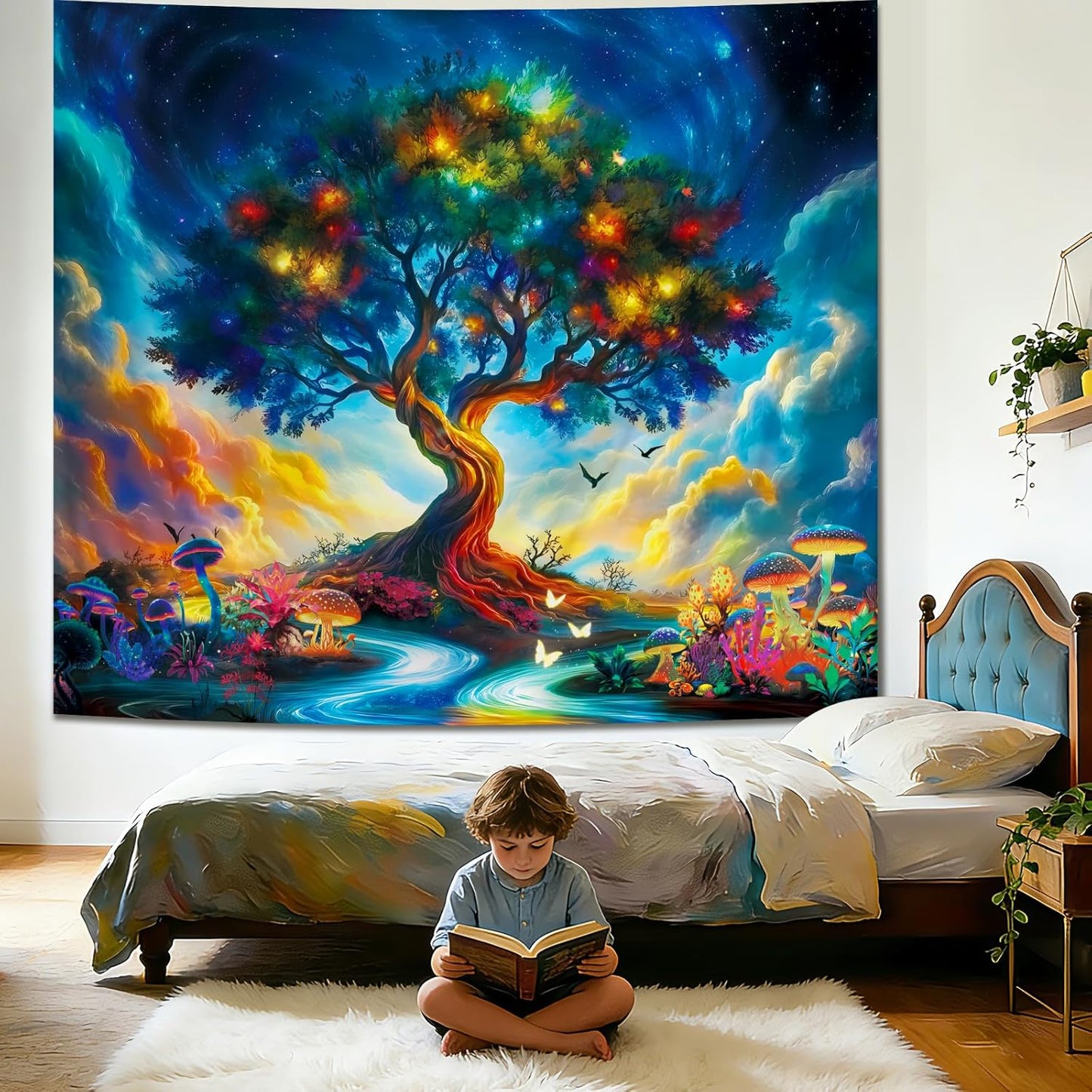 Apdidl Forest Galaxy Starry Tapestry for Bedroom Ceiling, Blue Space Night Starry Sky Moon Stars Tapestry Aesthetic, Tree Forest Milky Way Backdrop Wall Hanging for Dorm Living Room Decor (51" X 60")