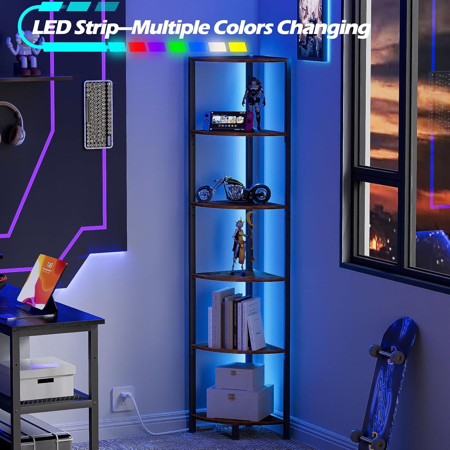 Furnulem 6 Tier Corner Shelf with LED Light, 67.5” Tall Standing Shelf Organizer, Black Narrow Bookshelf with Storage Rack for Wall Corner, Living Room, Bedroom, Metal Frame, Wood Display Shelf