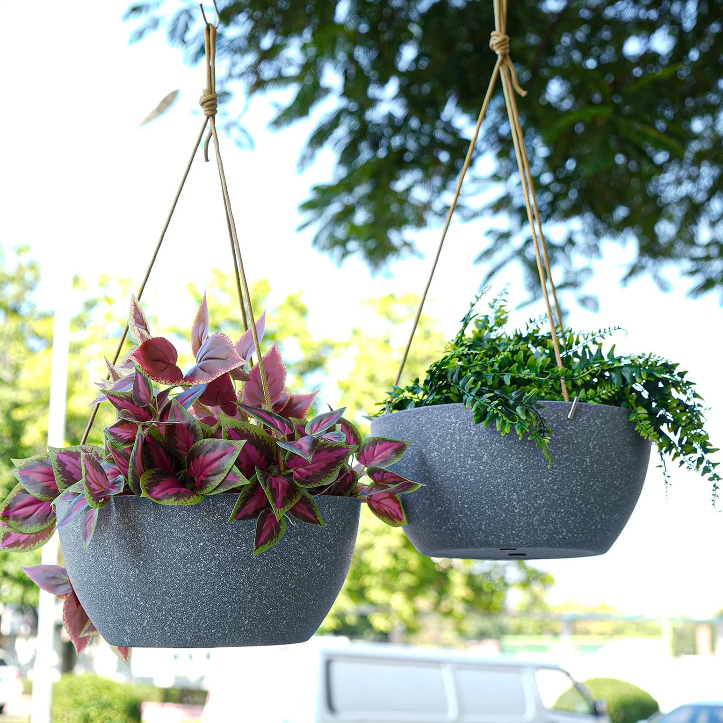 SwinDuck 13 Inch 2 Pack Large Hanging Planters for Indoor Outdoor Plants, Plastic Hanging Basket Pots for House Plants Flowers, White