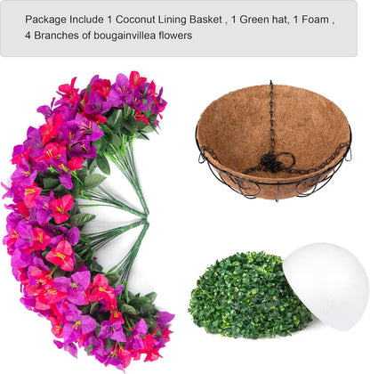 Artificial Hanging Flowers Faux Plants Basket for Outdoors Spring Summer Decor, Fake Silk Bougainvillea in Planter Outdoor Look Real UV Resistant Faux Flower for Outside Porch Patio Garden Home, White