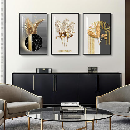 Framed Modern Luxury Gold Wall Art, Set of 3 Piece Contemporary Paintings Artwork for Walls, Golden Prints Pictures with Gold Frame, Wall Decor for Living Room, Hallway, Bedroom, Office 16x24 Inch