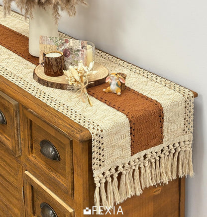 FEXIA Boho Table Runner for Thanksgiving Fall Christmas Home Decor with Tassels 72 Inches Long Pottery barn Furniture Farmhouse Rustic Macrame Burlap Table Decoration for Living Room (12x72 Inches)