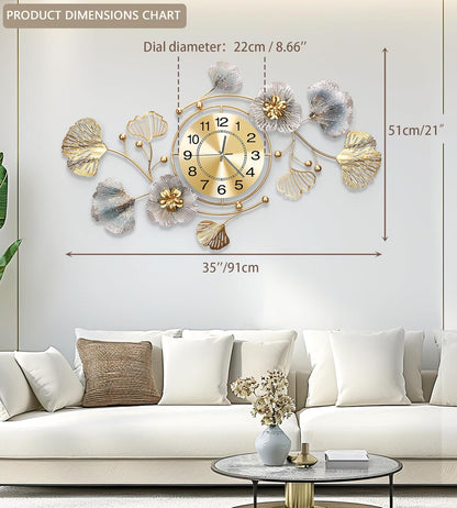Clocks for Living Room, Large Wall Clock, 3D Silent Wall Clock, Retro Metal Ginkgo Leaf Design, for Bedroom Kitchen Decorative Wall Clocks（32''x18'' ）