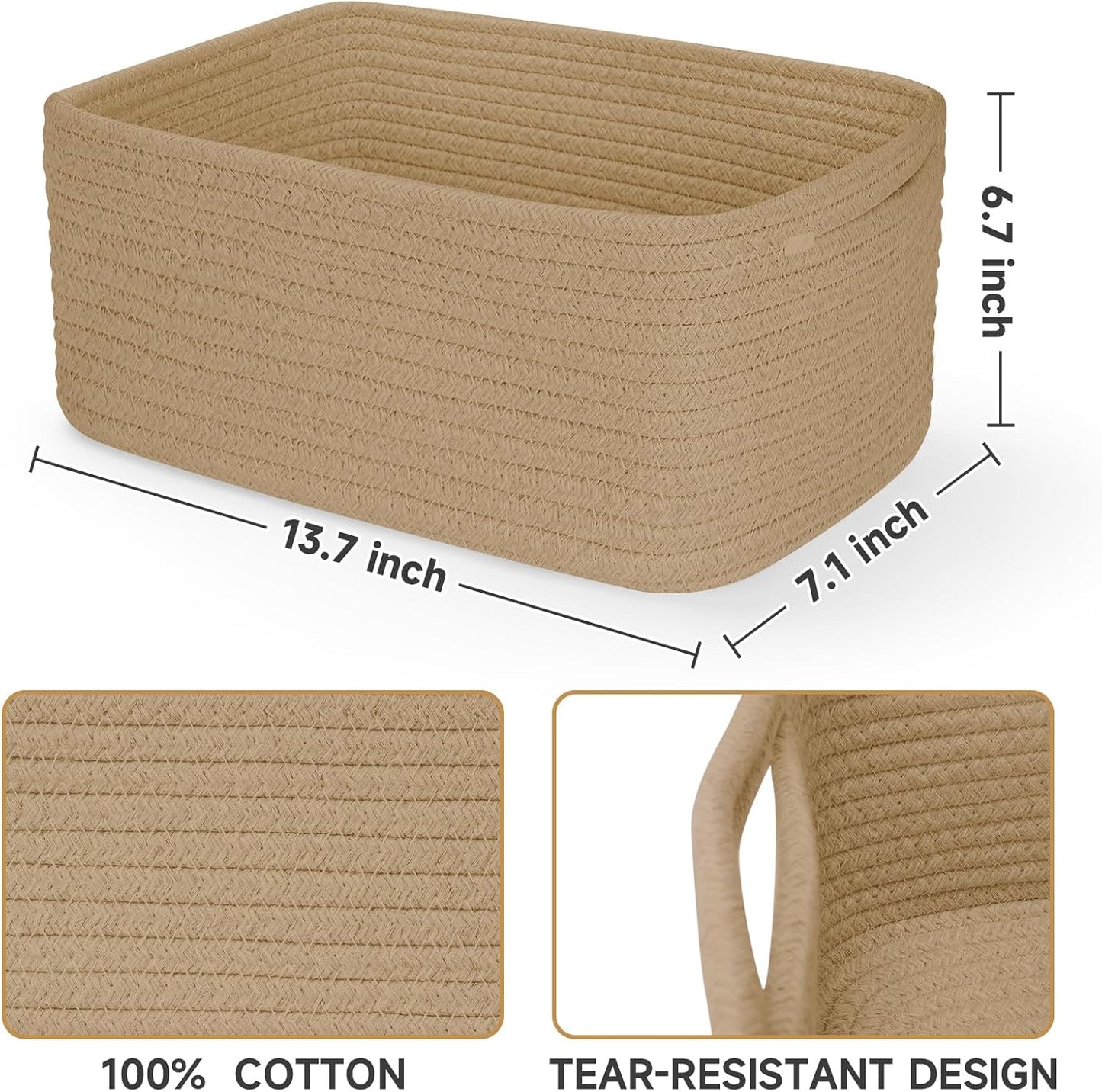 3-Pack Small Storage Baskets for Organizing | Woven Shelf Toy Basket | Rope Baskets for Gifts Empty | Closet Organizer Bins with Handles | Cube Decorative Box | 11.8×7.8×5.1” | Mixed brown