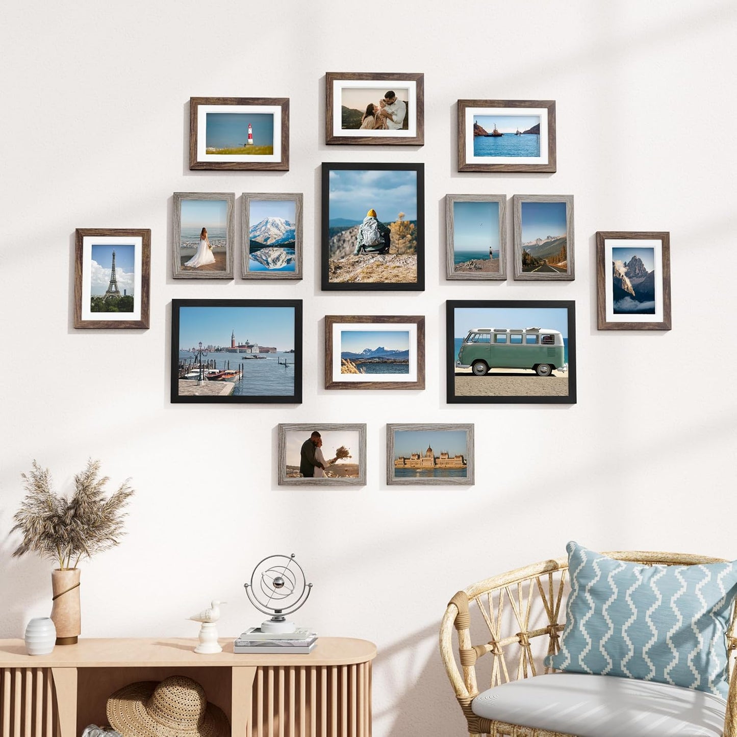 Vittanly 15 Pack Picture Frames Collage Wall Decor for Mounting or Tabletop Display, Gallery Frame Set for Family, Multi Sizes Including 3pcs 8x10, 6pcs 5x7, 6pcs 4x6, Black